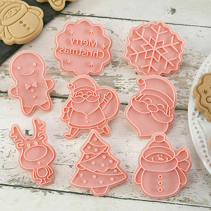 8Pcs Christmas Cartoon Cookie Cutter Pink PP Mould