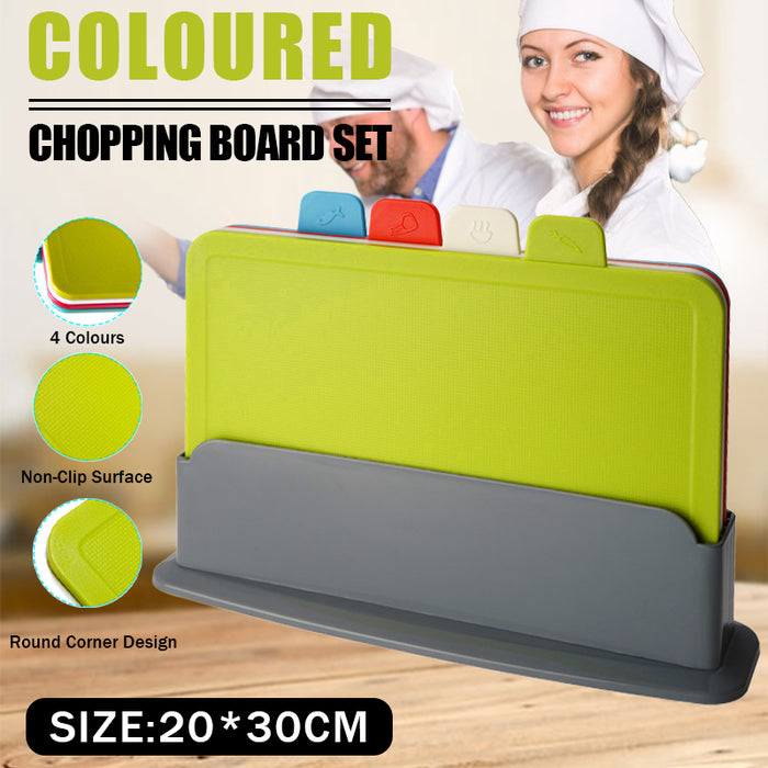 4-Piece Colour-Coded Cutting Board Set with Storage Rack BPA-Free