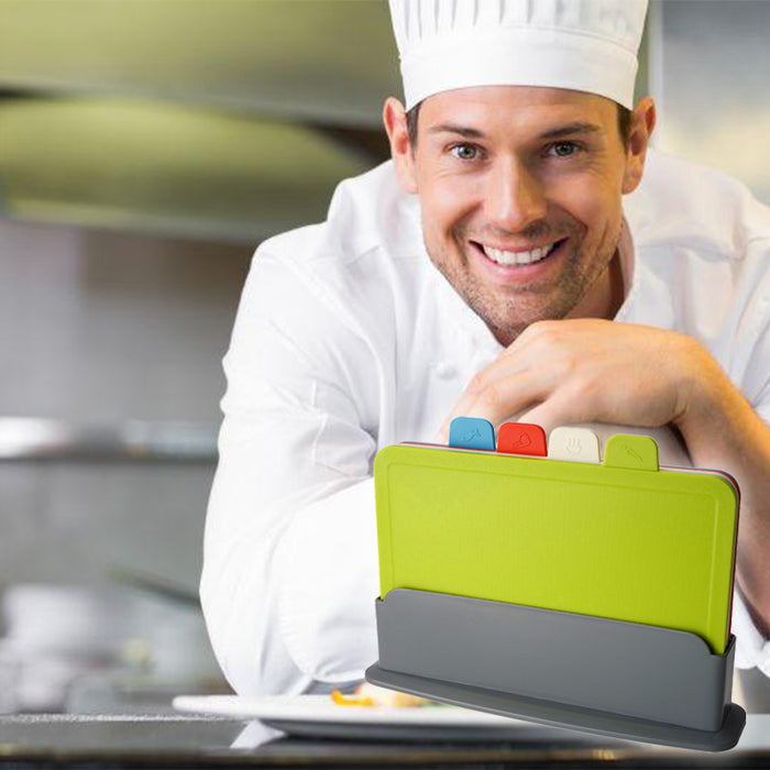 4-Piece Colour-Coded Cutting Board Set with Storage Rack BPA-Free
