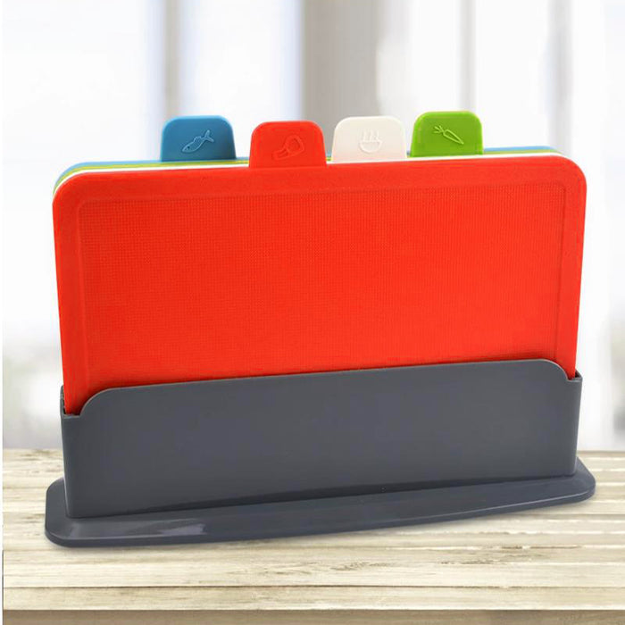 4-Piece Colour-Coded Cutting Board Set with Storage Rack BPA-Free