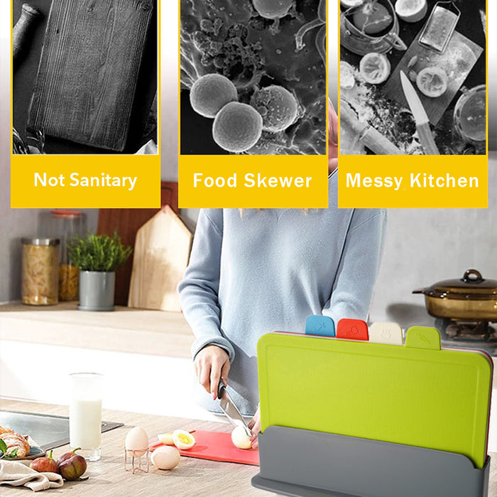 4-Piece Colour-Coded Cutting Board Set with Storage Rack BPA-Free