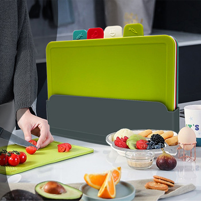 4-Piece Colour-Coded Cutting Board Set with Storage Rack BPA-Free