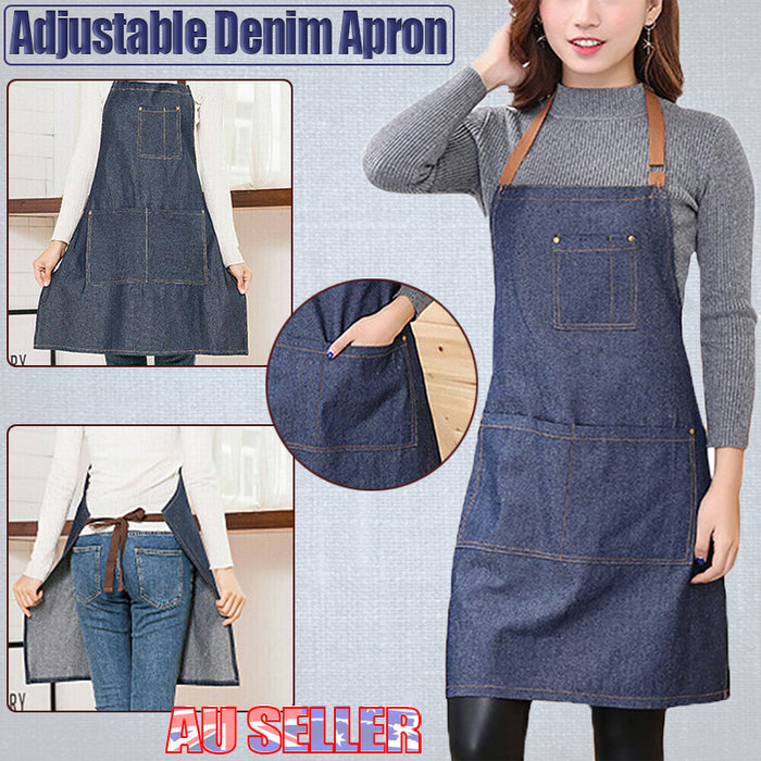 Denim Apron Blue Anti-Oil Kitchen Workwear for Cooking and Café