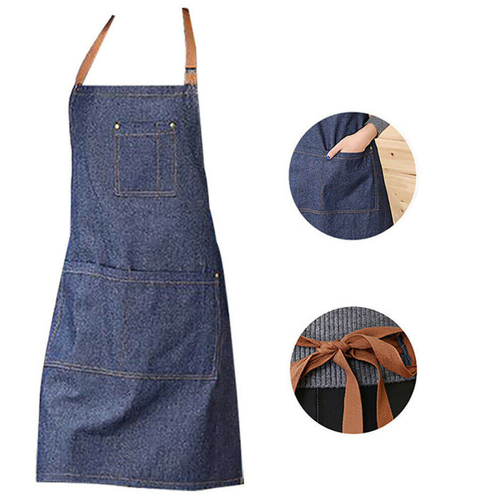 Denim Apron Blue Anti-Oil Kitchen Workwear for Cooking and Café