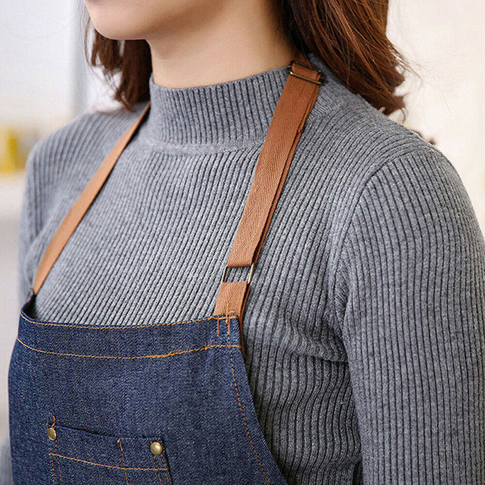 Denim Apron Blue Anti-Oil Kitchen Workwear for Cooking and Café