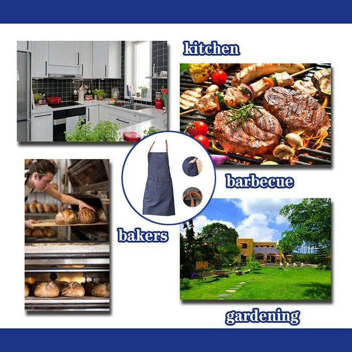 Denim Apron Blue Anti-Oil Kitchen Workwear for Cooking and Café