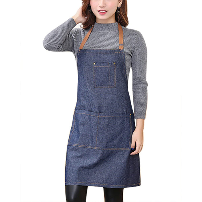 Denim Apron Blue Anti-Oil Kitchen Workwear for Cooking and Café