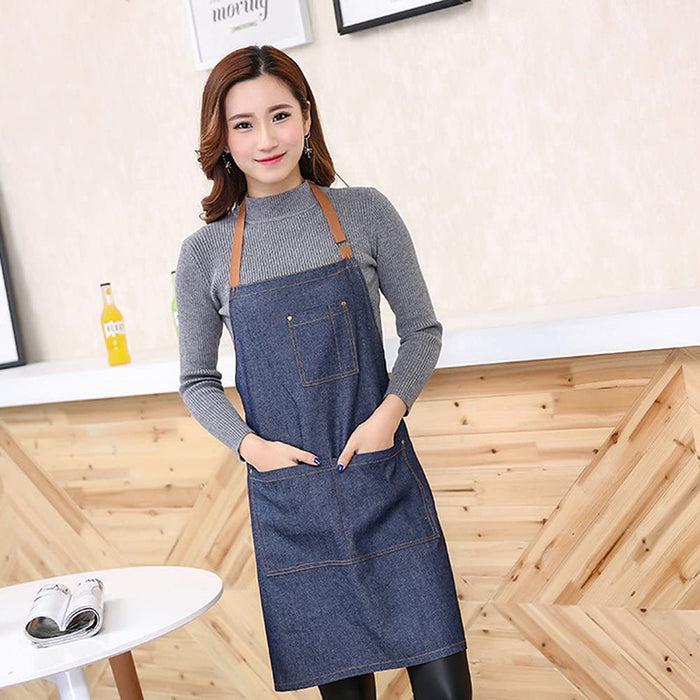 Denim Apron Blue Anti-Oil Kitchen Workwear for Cooking and Café
