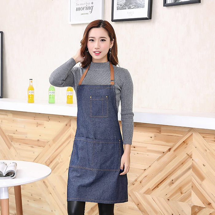 Denim Apron Blue Anti-Oil Kitchen Workwear for Cooking and Café