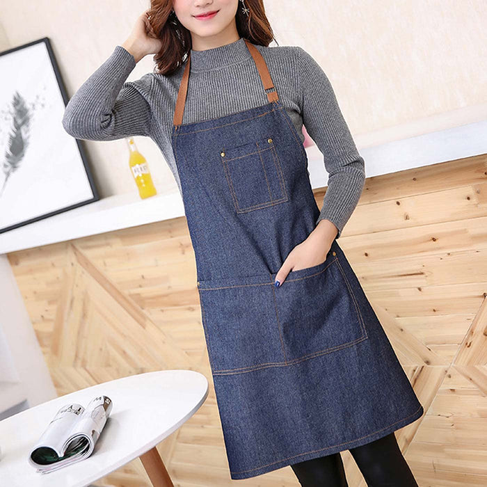 Denim Apron Blue Anti-Oil Kitchen Workwear for Cooking and Café