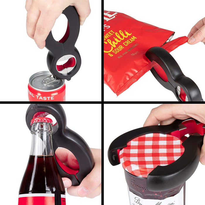 6-in-1 Can and Jar Opener with Bag Cutter Black Red, 14.5×6.2 cm