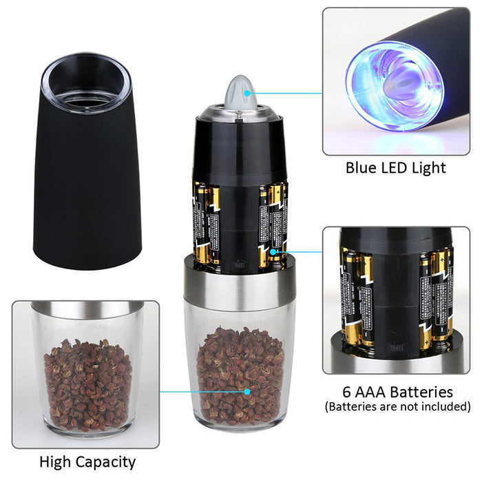 Automatic Gravity Electric Pepper Salt Grinder LED Light Ceramic Core 6.5 x 22 cm
