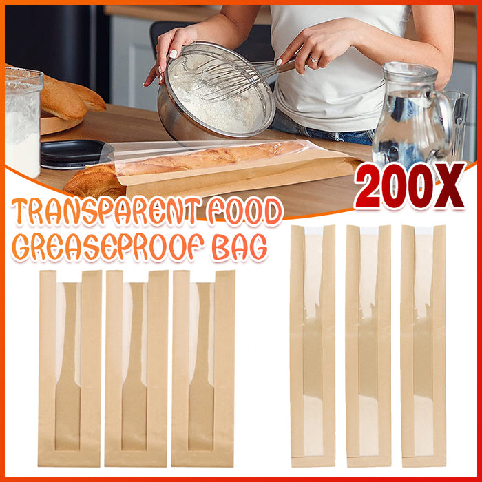 200 PCS Transparent Food Greaseproof Bags French Bread Baguette Packaging Pouch