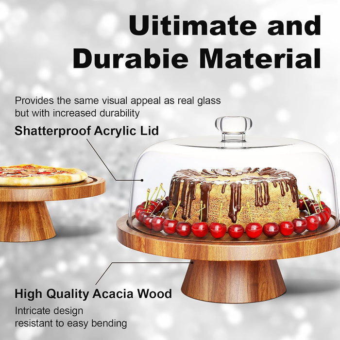 Natural Acacia Wood Cake Stand with Clear Acrylic Dome Lid 30.5 cm Non-Slip