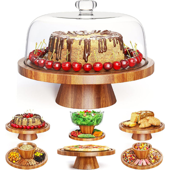 Natural Acacia Wood Cake Stand with Clear Acrylic Dome Lid 30.5 cm Non-Slip
