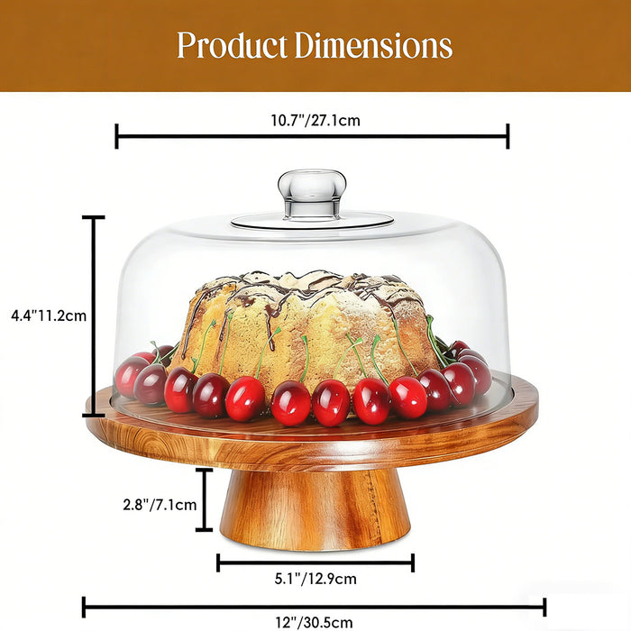 Natural Acacia Wood Cake Stand with Clear Acrylic Dome Lid 30.5 cm Non-Slip