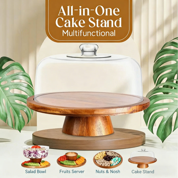 Natural Acacia Wood Cake Stand with Clear Acrylic Dome Lid 30.5 cm Non-Slip