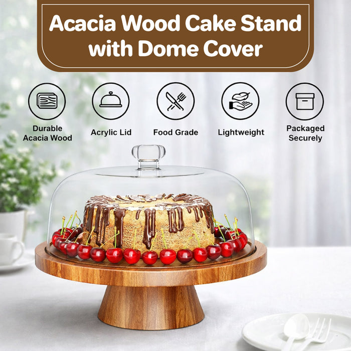 Natural Acacia Wood Cake Stand with Clear Acrylic Dome Lid 30.5 cm Non-Slip