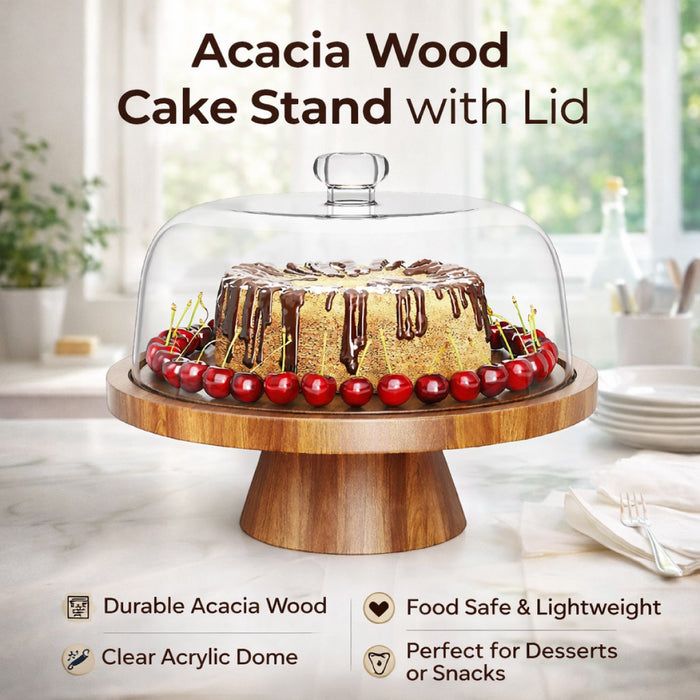 Natural Acacia Wood Cake Stand with Clear Acrylic Dome Lid 30.5 cm Non-Slip