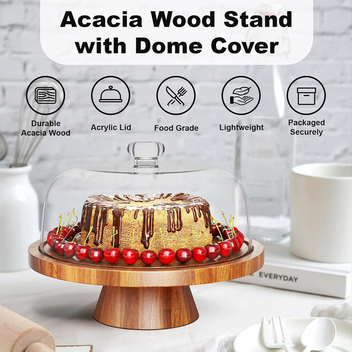 Natural Acacia Wood Cake Stand with Clear Acrylic Dome Lid 30.5 cm Non-Slip