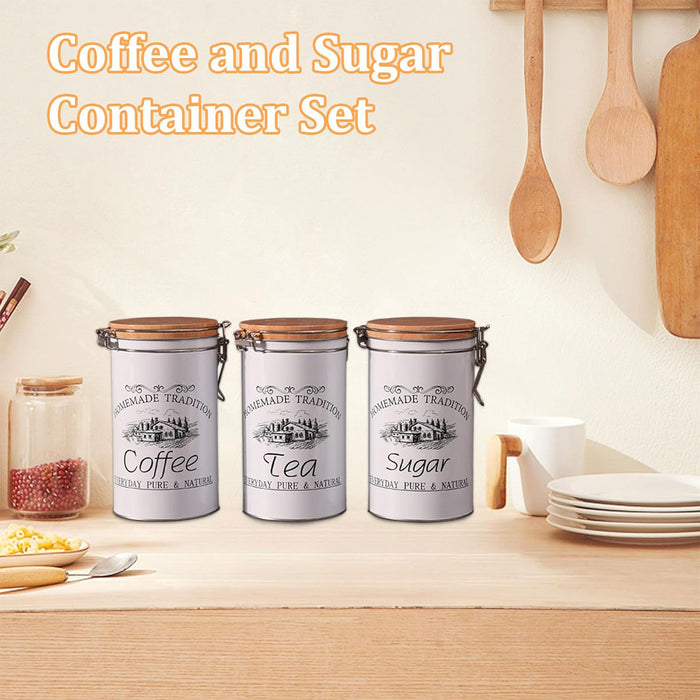 3PCS White Tinplate Coffee Tea Sugar Storage Jar Set