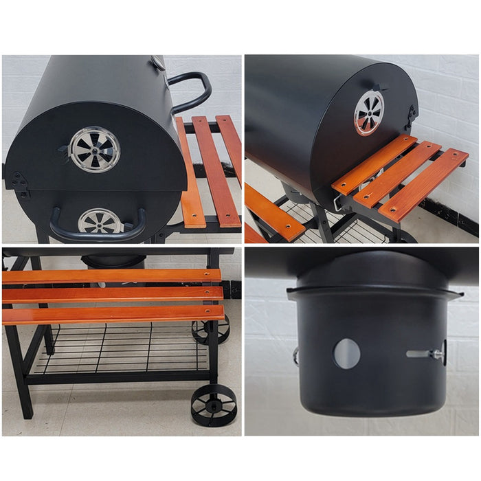 Portable Outdoor Charcoal BBQ Grill with Thermometer Wooden Shelf 105.5 x 85 x 118 cm