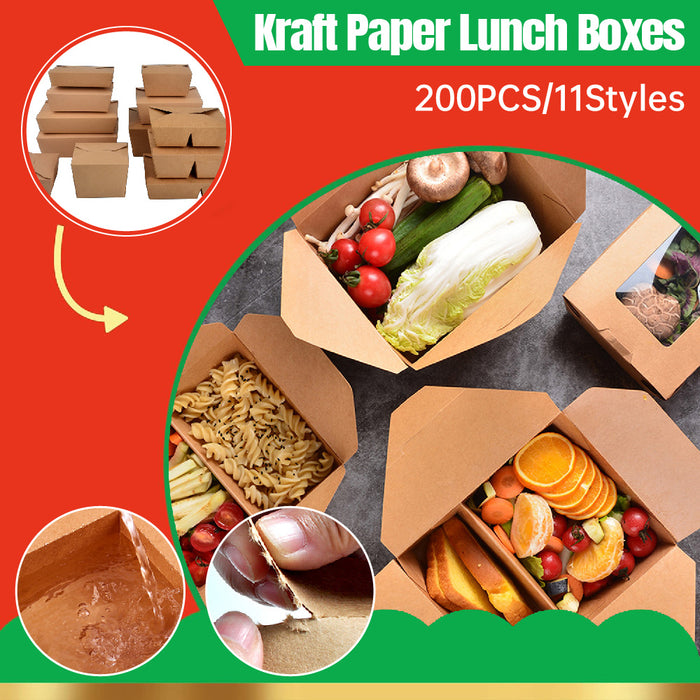 200 Pcs Kraft Paper Lunch Boxes 11 Styles Disposable Takeaway Food Containers