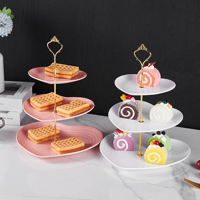 3 Pcs 3-Tier Porcelain Dessert Stand with Gold Heart Handle 26 x 33 cm