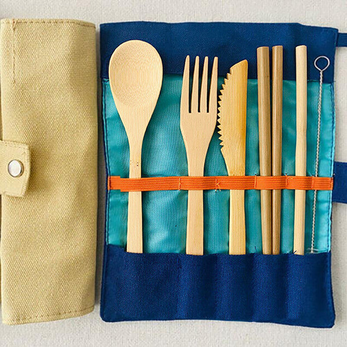 7 Pcs Reusable Bamboo Cutlery Set for Camping with Pouch