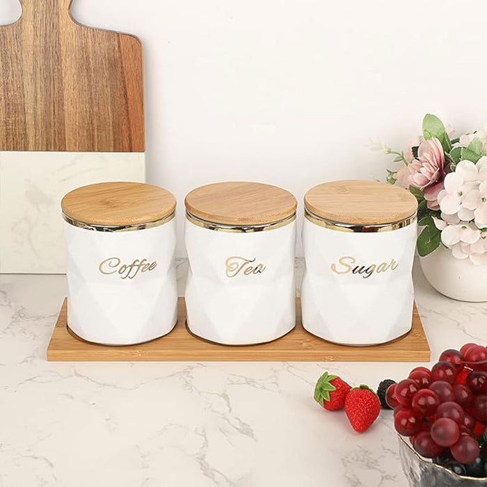 3 Pcs Ceramic Airtight Storage Jars with Bamboo Lids and Tray