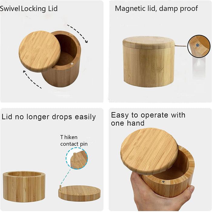 Bamboo Salt Box With Magnetic Swivel Lid And Spoon