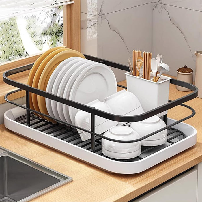 Kitchen Dish Drying Rack With Drainage Tube Tray Black