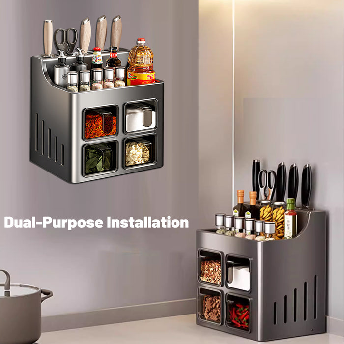 Wall-Mounted Spice Rack with Knife Holder 4 Sealed Drawers