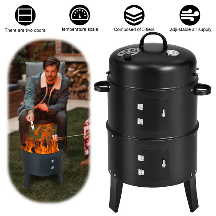 EW 3-in-1 Portable Charcoal Smoker BBQ Grill Powder-Coated Steel 40 x 80 cm