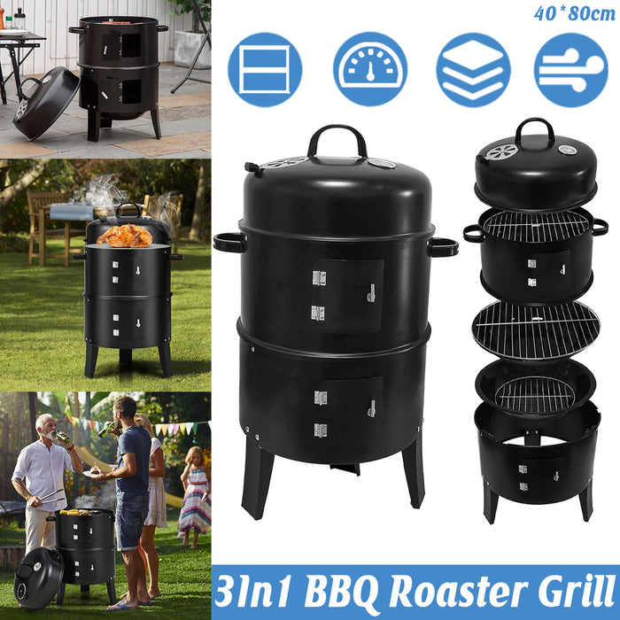 EW 3-in-1 Portable Charcoal Smoker BBQ Grill Powder-Coated Steel 40 x 80 cm