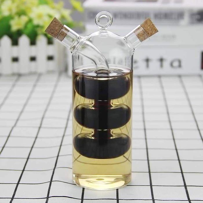 Glass Oil Vinegar Dispenser Bottle with Dual Compartments Cork Lid