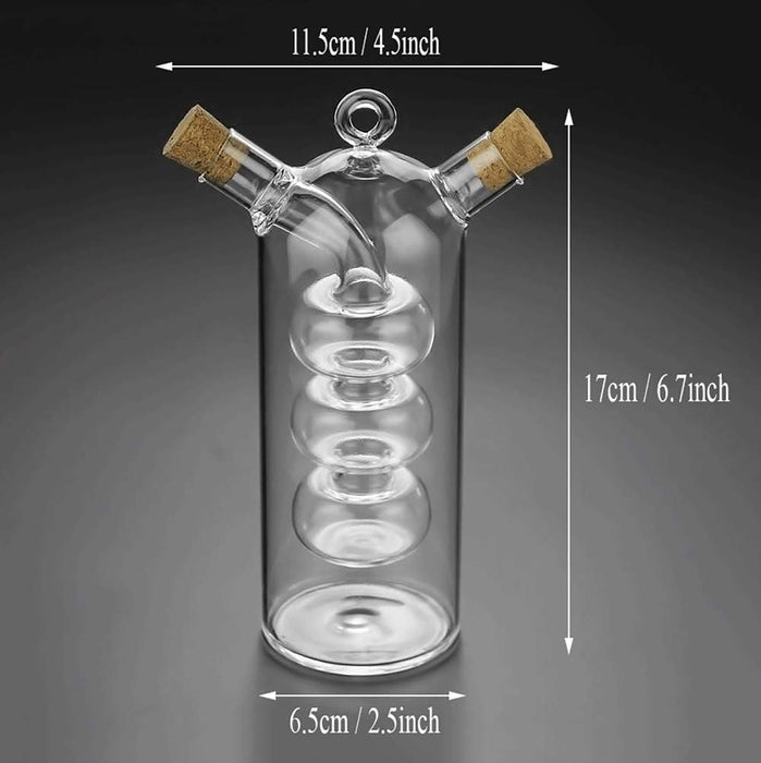 Glass Oil Vinegar Dispenser Bottle with Dual Compartments Cork Lid