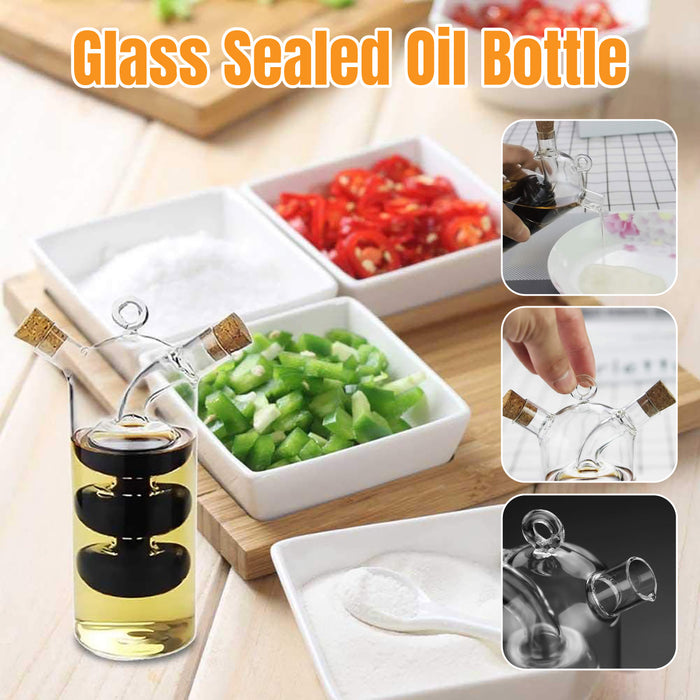 Glass Oil Vinegar Dispenser Bottle with Dual Compartments Cork Lid