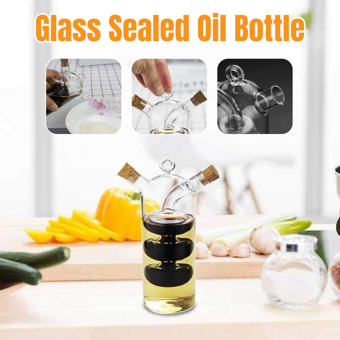 Glass Oil Vinegar Dispenser Bottle with Dual Compartments Cork Lid