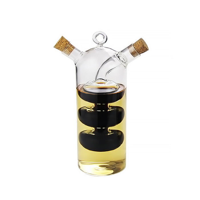 Glass Oil Vinegar Dispenser Bottle with Dual Compartments Cork Lid