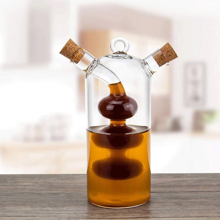 Glass Oil Vinegar Dispenser Bottle with Dual Compartments Cork Lid