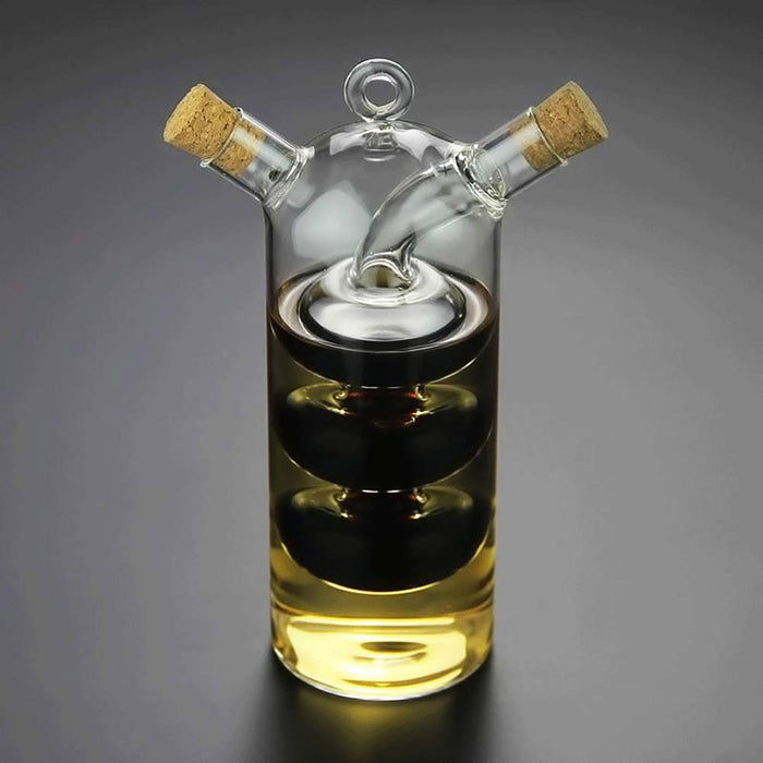 Glass Oil Vinegar Dispenser Bottle with Dual Compartments Cork Lid