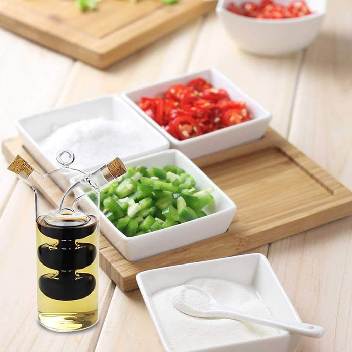Glass Oil Vinegar Dispenser Bottle with Dual Compartments Cork Lid