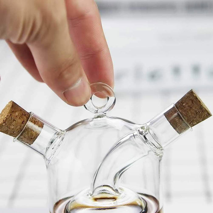 Glass Oil Vinegar Dispenser Bottle with Dual Compartments Cork Lid