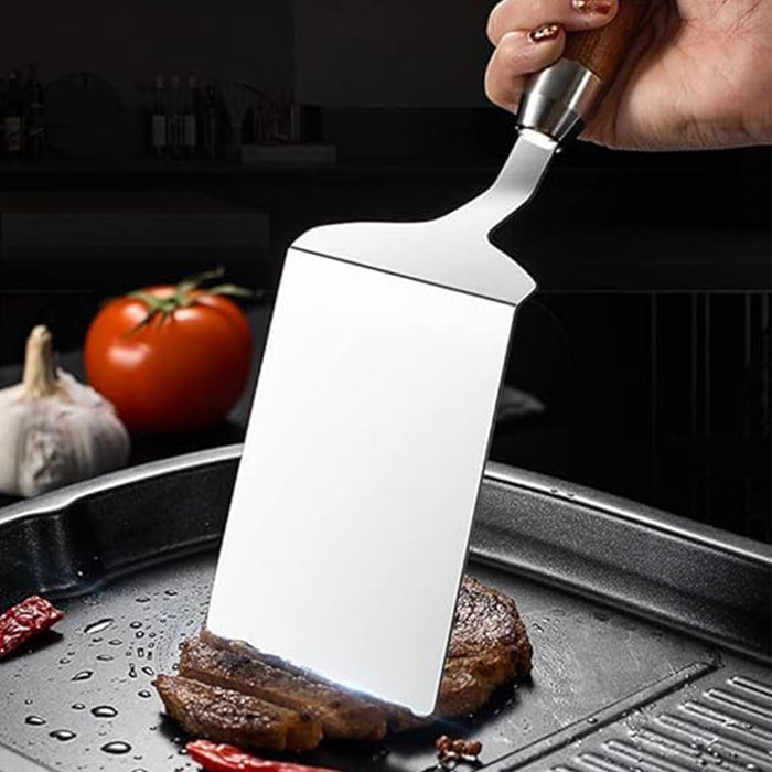 Stainless Steel Cooking Spatula Wide Blade Wooden Handle
