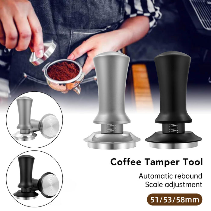 Adjustable Coffee Tamper with Scale and Automatic Rebound – 51mm, 53mm, 58mm