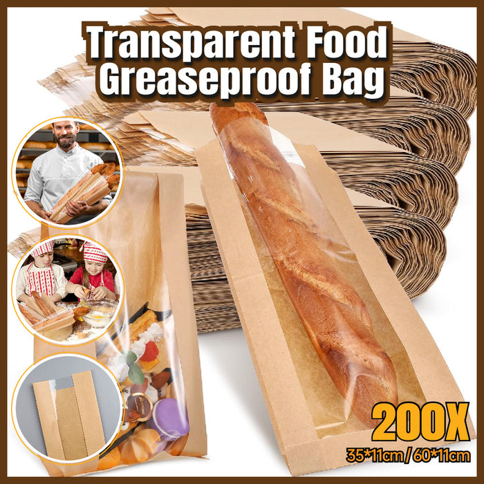 200 PCS Transparent Food Greaseproof Bags French Bread Baguette Packaging Pouch