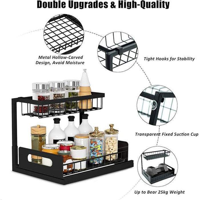 Two Tier Metal Storage Rack with Sliding Basket Black