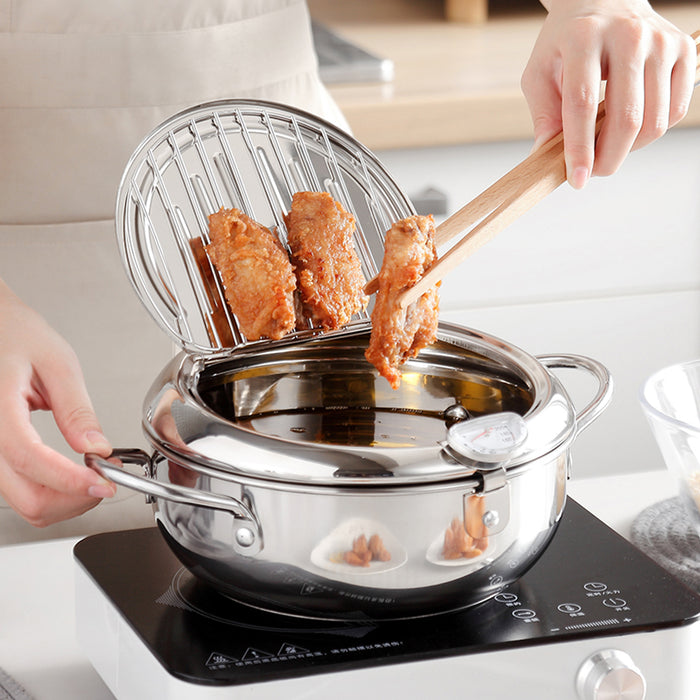 304 Stainless Steel Japanese Tempura Fryer 4.2L Oil-Saving with Thermometer