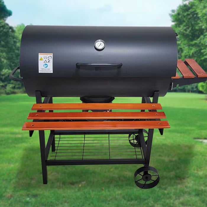Portable Outdoor Charcoal BBQ Grill with Thermometer Wooden Shelf 105.5 x 85 x 118 cm